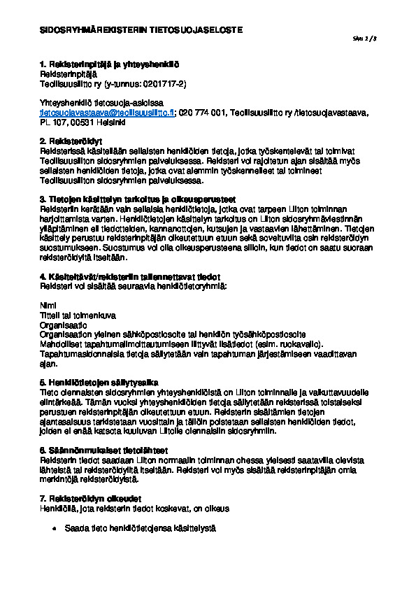 Sidosryhmarekisterin tietosuojaseloste